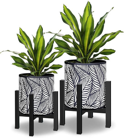 10 & 12 Inches Plant Pot with Stand Set of 2, Decorative Palm Leaves Printing Planter with Holder, Garden Pot for Snake Plant, Monstera, Houseplants - Indoor Outdoor Flower Pots with Drainage Holes