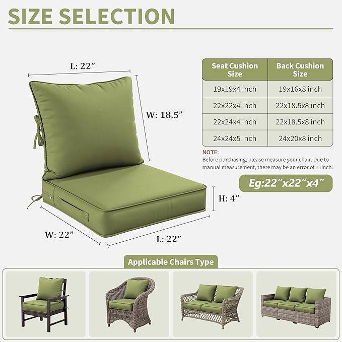 Premium Outdoor Seat Cushion Chair Cushions for Patio Furniture 22 L X 22 W X 4 H Waterproof & Fade Resistant Deep Seat and Backrest Cushion Set with Removable Covers for Chair, Sofa