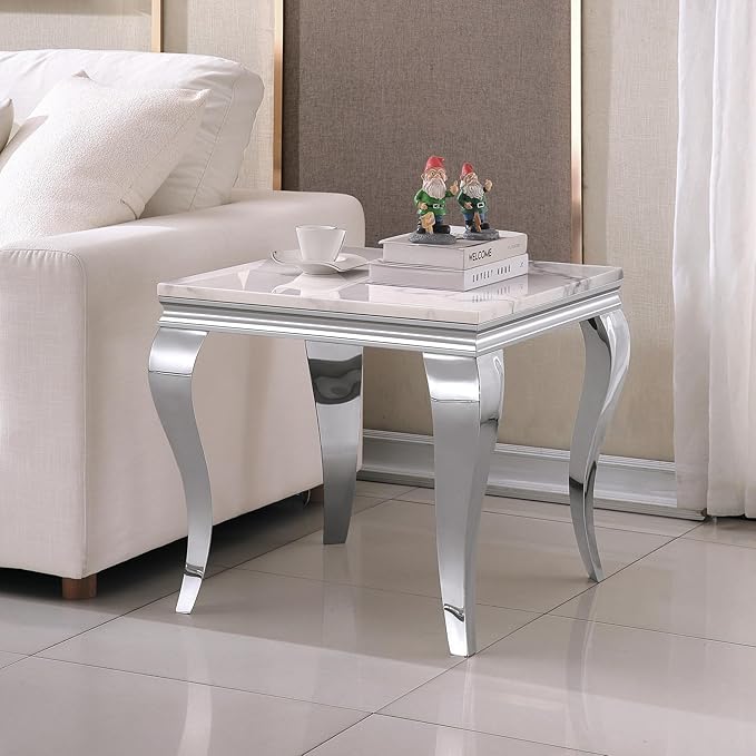 SSLine Modern White Faux Marble End Table Luxury Square Sofa Side Table with Silver Curved Legs Mid-Century Elegant Bedside Table w/Mirrored Stainless Steel Frame for Living Room Bedroom