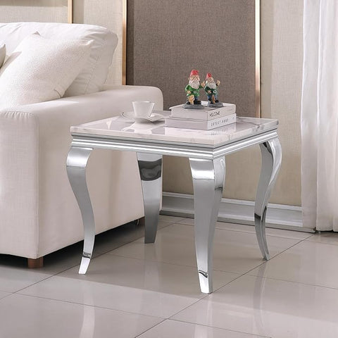 SSLine Modern White Faux Marble End Table Luxury Square Sofa Side Table with Silver Curved Legs Mid-Century Elegant Bedside Table w/Mirrored Stainless Steel Frame for Living Room Bedroom