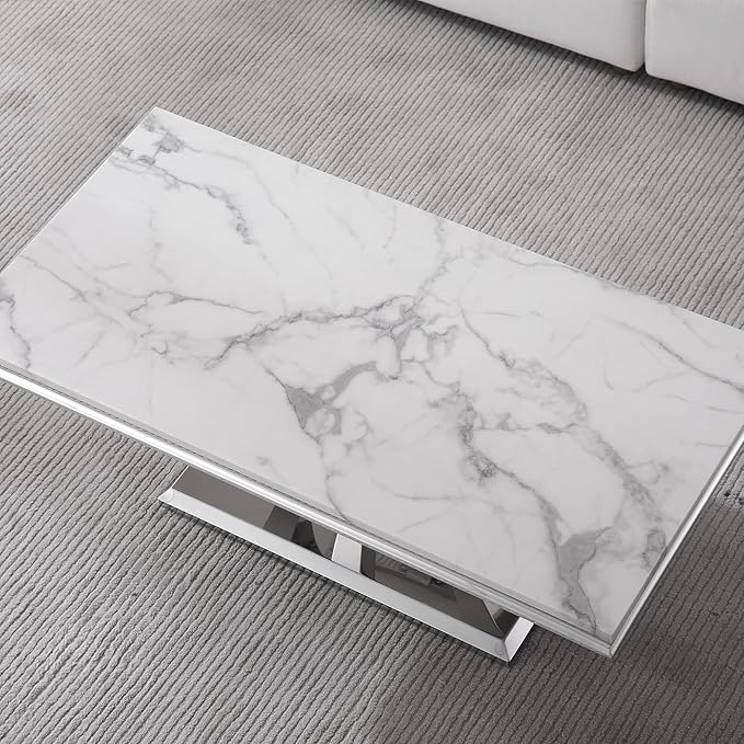 SSLine Rectangular Faux Marble Coffee Table for Living Room Modern Luxury White Marble Center Table with Silver Diamond Base 46.8" Mid-Century Cocktail Table with Mirrored Stainless Steel Frame