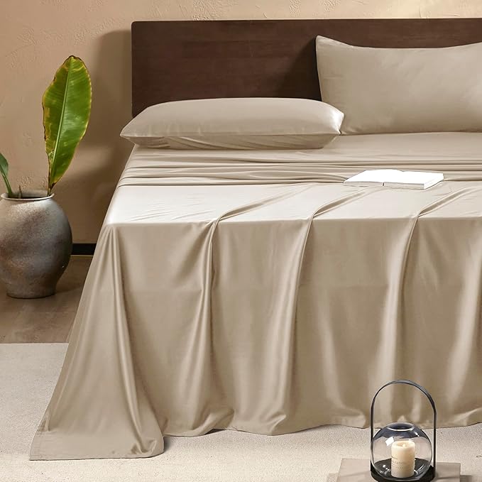 EVERLY California King Sheets Set,Luxuriously 400 Thread Count Organic Viscose Derived from Bamboo Bed Sheet,Cooling Sheets for California King Size 4 Piece Deep Pockets Bedding Sheets-Champagne
