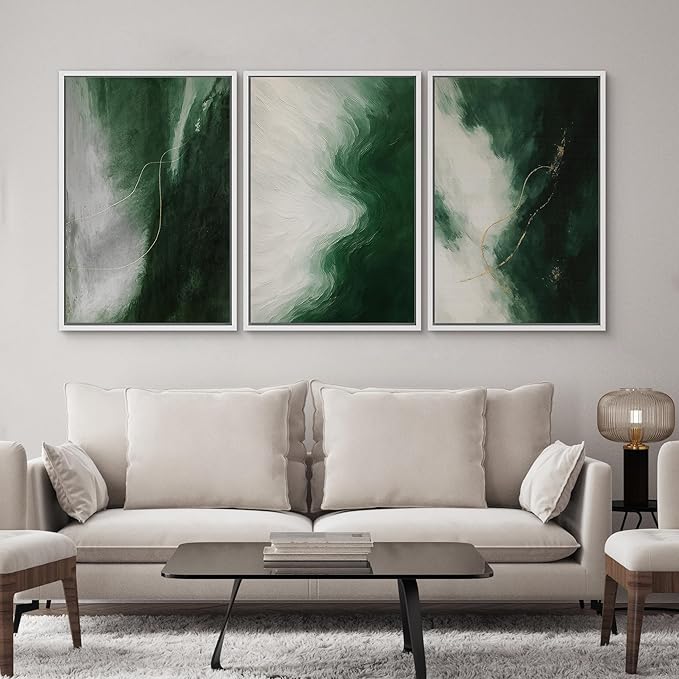 SIGNWIN Framed Canvas Print Wall Art Set Green Abstract Modern Contemporary in Emerald and White Illustrations Modern Art Decorative Rustic Calm/Zen for Living Room, Bedroom, Office - 24"x36"x3 WHITE
