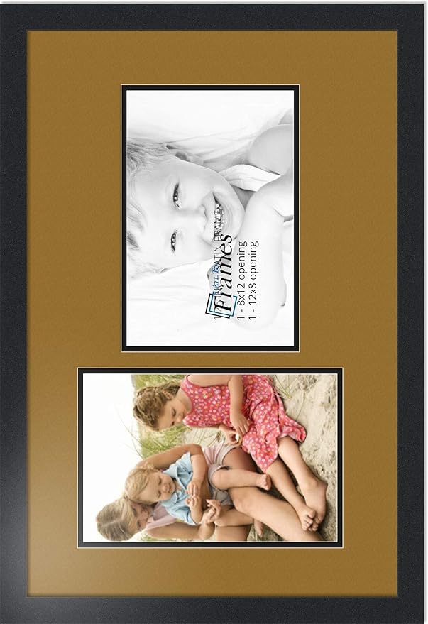 ArtToFrames Collage Photo Frame Double Mat with 2-8x12 Openings with Satin Black Frame and El Dorado mat.