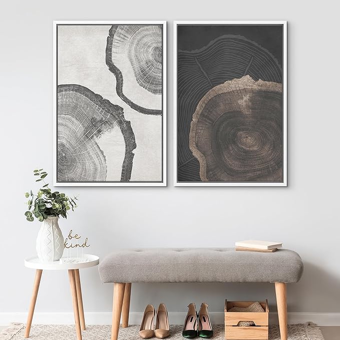 SIGNWIN Framed Canvas Print Wall Art Wood Tree Rings Abstract Illustrations Minimalist Modern Wall Art Neutral Boho Decor for Living Room, Bedroom, Office - 16"x24"x2 White