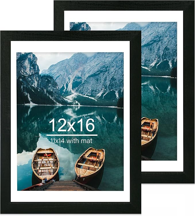 12x16 Picture Frame Set of 2, Rustic Black Wood Style - Display 12 x 16 Poster without Mat or 11x14 Picture with Mat, Wall Mounting Horizontal and Vertical