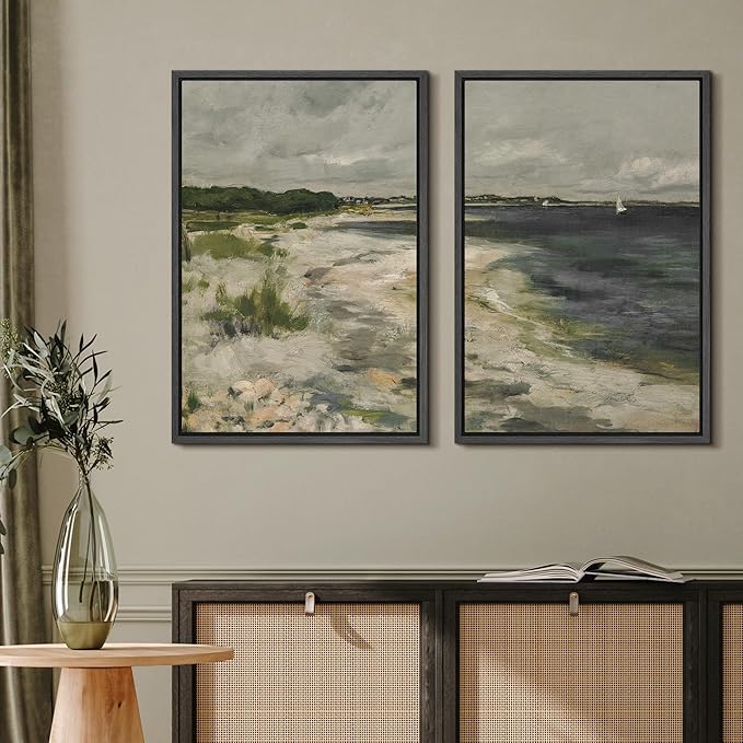 MUDECOR Framed Canvas Print Wall Art Coastal Shoreline with Lush Dunes Serene Beach Landscape Nature Wilderness Illustrations Realism Decorative for Living Room, Bedroom, Office - 16"x24"x2 Black