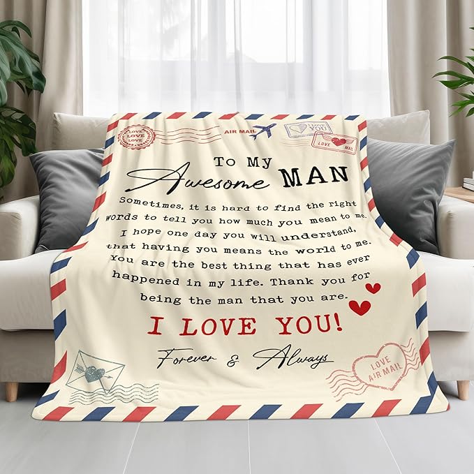 Romantic Gifts for Him Men - to My Awesome Man Soft Fleece Throw Blanket 50x60 in - Father's Day Anniversary Birthday Gifts for Men Couple Husband Boyfriend