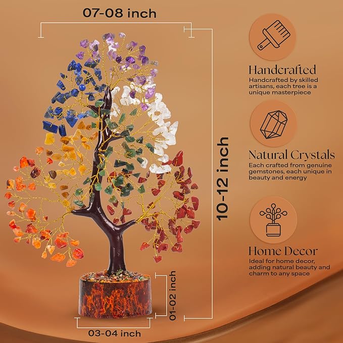 Crystal Tree of Life with Seven Chakra Tumble Hanging, 7 Chakra Healing Crystal Tree, Office Desk Decor, Room Decor, Bonsai Trees for Positive Energy, Money, Good Luck Birthday Gifts for Women 10-12"