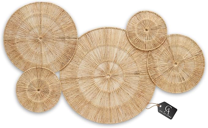 CHI AN 18 Inch Boho Wall Decor – Set of 5 Woven Jute Wall Baskets, Boho Wall Art & Decorative Basket Set, Farmhouse Wall Hanging, Handwoven Wall Plates for Living Room, Bedroom – 18", 14", 11", 8", 7"