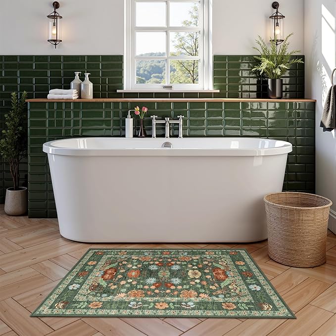 Deerly Green Small Floral 2x3 Entryway Rug Vintage Boho Bathroom Door Mat Washable Non-Slip Soft Low Pile Thin Indoor Carpet Home Decor for Kicthen Entrance Farmhouse Throw Rug, Green/Multi