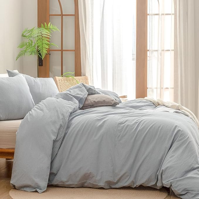 BESTOUCH Duvet Cover Set 100% Washed Cotton Linen Feel Super Soft Comfortable Chic Lightweight 3 PCs Home Bedding Set Solid Cornflower Blue Super King Plus