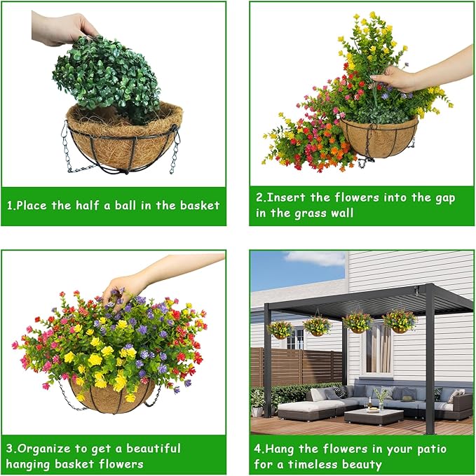 Artificial Hanging Plants Flowers with Basket for Spring Summer Outdoor Decoration, Yellow Purple Pink Red