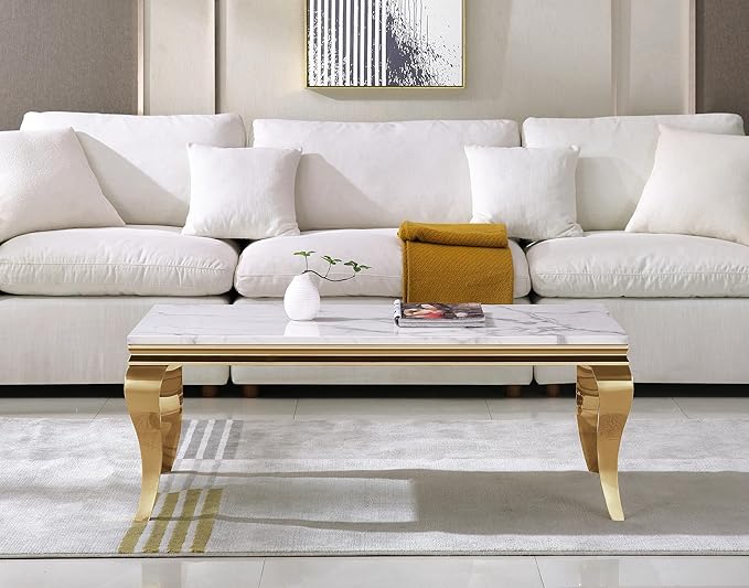 SSLine Rectangular Faux Marble Coffee Table for Living Room Modern Luxury White Marble Center Table with Gold Curved Legs 46.8" Mid-Century Cocktail Table with Mirrored Stainless Steel Frame