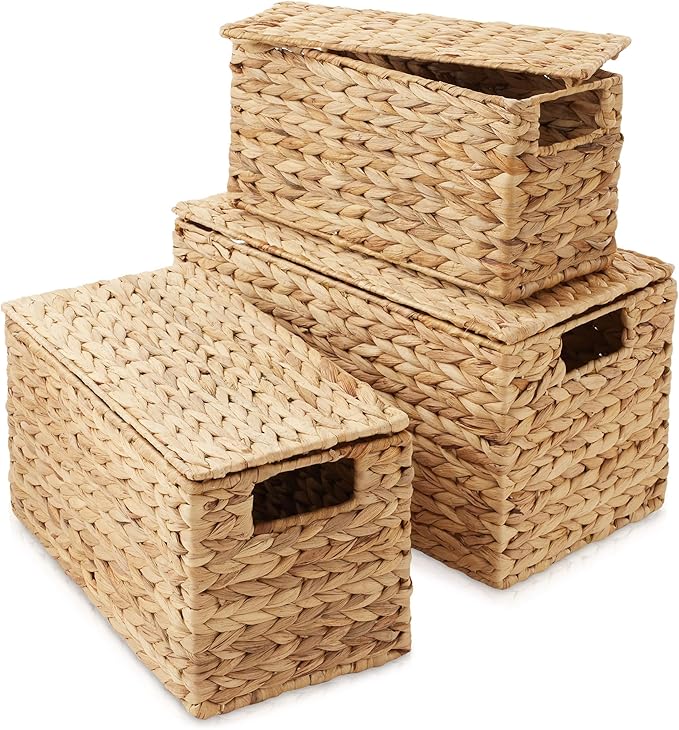 Casafield Set of 3 Water Hyacinth Storage Baskets with Lids, Natural - Small, Medium, Large Woven Nesting Bins for Bathroom, Bedroom, Closets, Shelves