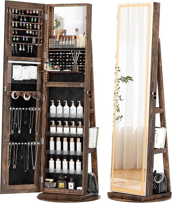 LED Mirror Jewelry Cabinet Standing, Jewelry Armoire with Full-Length Mirror, 360° Swivel Jewelry Cabinet with Adjustable LED Lights, Rustic Brown