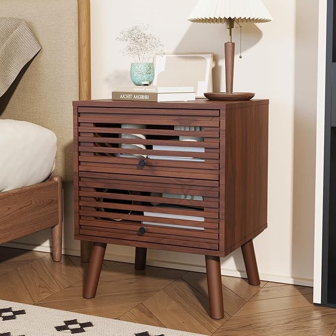 Nightstand, Side Table, End Table, Mid Century Modern Nightstand with Hollowed Drawers, Bedside Tables, Small Nightstands with Storage for Bedroom, Living Room, Walnut