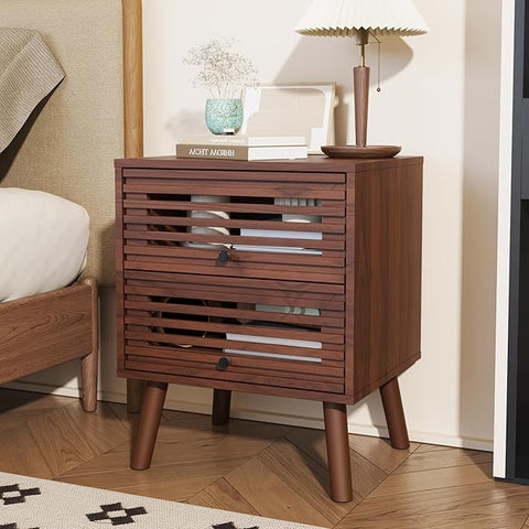 Nightstand, Side Table, End Table, Mid Century Modern Nightstand with Hollowed Drawers, Bedside Tables, Small Nightstands with Storage for Bedroom, Living Room, Walnut