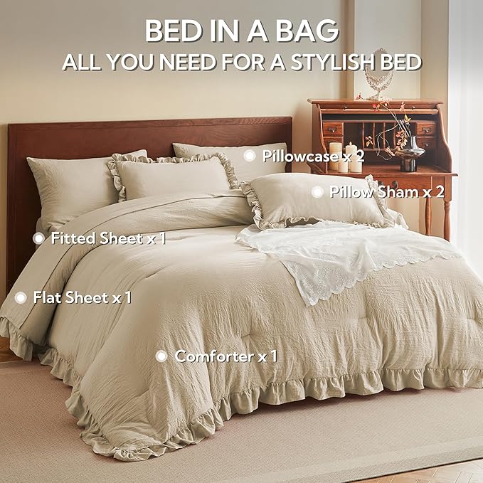 MR&HM Full Ruffle Comforter Set Linen, Farmhouse Shabby Chic Bedding Comforter Set, Boho Bed in a Bag Set 7 Pieces with 1 Comforter, 1 Flat Sheet, 1 Fitted Sheet, 2 Pillowcases & 2 Pillow Shams