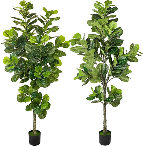 Worth Garden Artificial Fiddle Leaf Fig Trees 6.2ft Tall Faux Plants with Pots, Indoor Outdoor Greenery for Home Office Living Room Bedroom Decoration, Set of 2