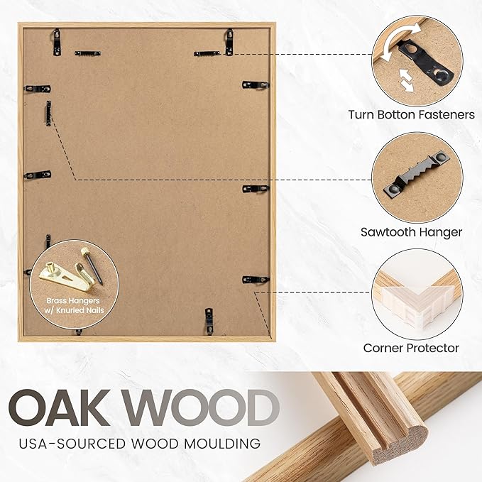 11x14 Picture Frame with 8x10 Mat, USA-Sourced Natural Oak Wood Photo Collage Frame with HD Tempered Glass, Double Mortise and Tenon Strips, Wall Display Horizontally and Vertically, 1 Pack