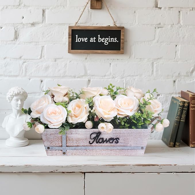 Centerpiece Table Decorations Rustic Wood Tray with 3 Artificial Champagne Rose Flowers and Fake Eucalyptus for Dining Room Farmhouse Living Room Kitchen and Coffee Table Décor