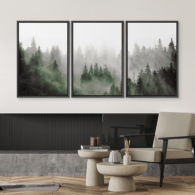 SIGNWIN Framed Canvas Print Wall Art Woodland Nursery Decor Set Fog & Mist Over Green Pine Tree Forest Nature Wilderness Modern Art Chic Landscape for Living Room, Bedroom, Office - 16"x24"x3 Black