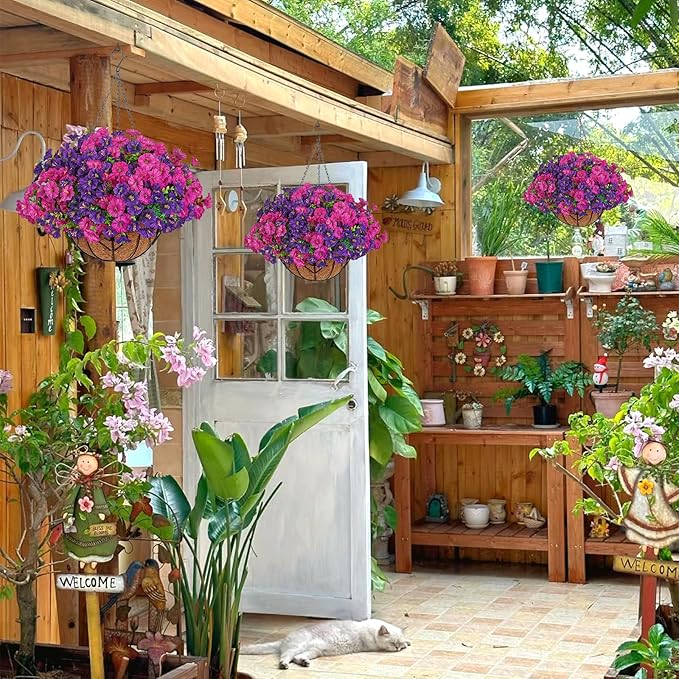 KHOYIME Artificial Hanging Flowers Plants Basket for Outdoors Indoor, 2 Set Faux Silk Purple Fuchsia Morning Glory Fake Eucalyptus Planters UV Resistant Spring Summer for Decor Home Garden Porch Patio