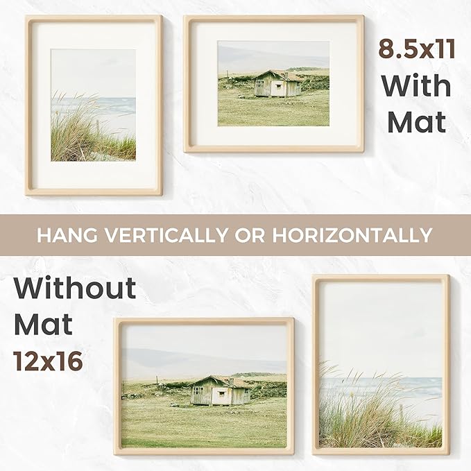12x16 Picture Frame, USA-Sourced Natural Maple Wood Photo Frame with Tempered Glass, Handcrafted Rounded Corner 12 x 16 Wooden Frame Matted to 8.5x11 Photos, Horizontal or Vertical Wall Mounting