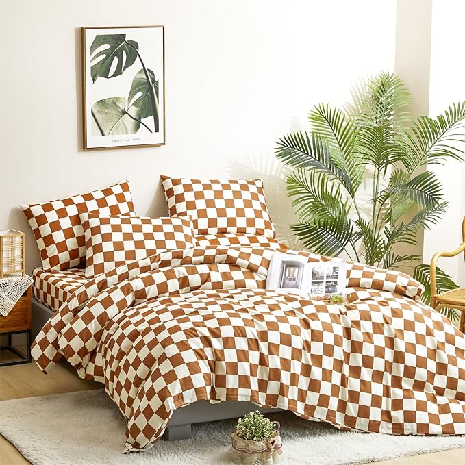CLOTHKNOW Plaid Comforter Sets Full Pumpkin Beige Grid Bedding Comforter Sets All Season Checker Comforter Soft Brown Beige Comforter with 2 x Pillow Cases