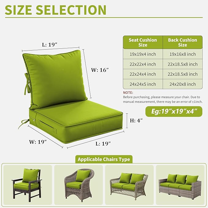 Premium Outdoor Seat Cushion Chair Cushions for Patio Furniture 19 L X 19 W X 4 H Waterproof & Fade Resistant Deep Seat and Backrest Cushion Set with Removable Covers for Chair, Sofa