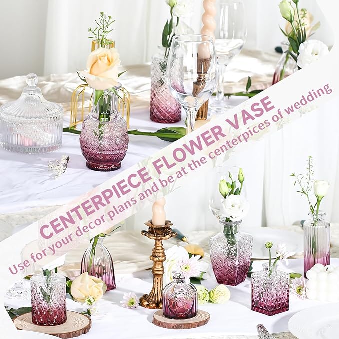 24PCS Mini Bud Vases As Wedding Centerpieces for Tables,Clear Bud Vases for Flowers,Small Flower Vases Suitable for Birthday Party,Anniversary,Wedding Reception,Baby Shower (Purple)