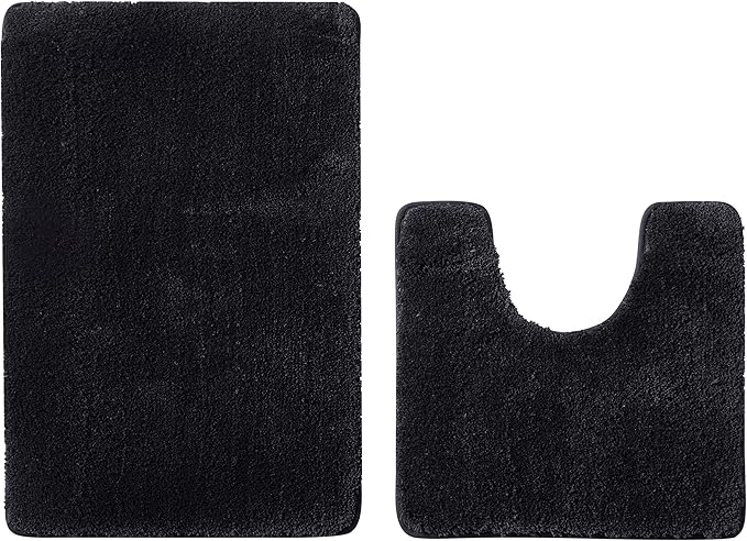 Bathroom Rug Set 2Piece, Thick &Soft Microfiber Shaggy, U Shaped Contour, Machine Washable Bath Mats, Absorbent Bath Rugs, Non-Slip Rubber Backing Bath Mat for Bathroom Floor, Tub and Shower, Black