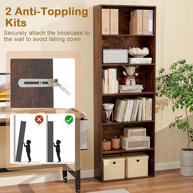 Tangkula 6-Tier Bookcase, 70” Tall Freestanding Bookshelf with 6 Open Shelves, Anti-Toppling Kits, Floor Display Storage Organizer for Living Room, Study, Kitchen, Home & Office (Rustic Brown, 70" H)