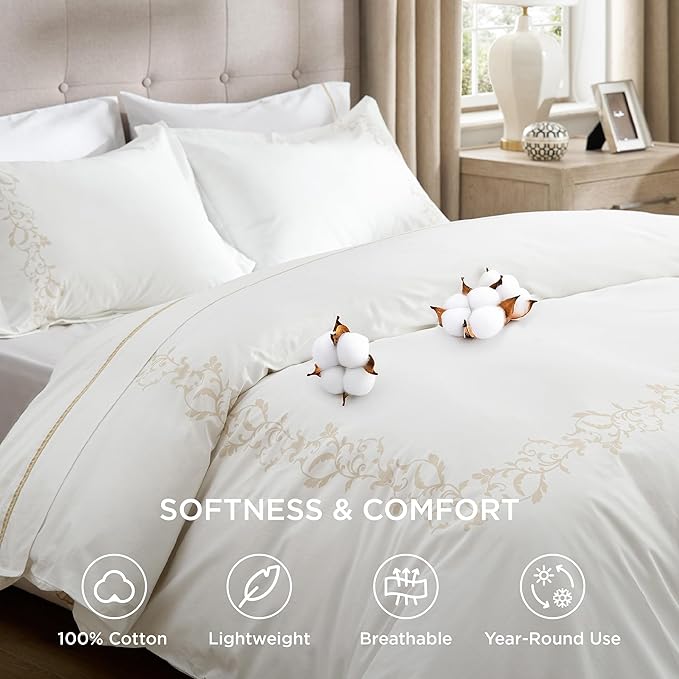 Bedsure Luxury Hotel Duvet Cover Queen Size, 100% White Cotton Curly Frame Bedding Set, Includes 1 Duvet Cover 90x90 Inches with Zipper Closure & 2 Pillow Shams, Comforter Sold Separately