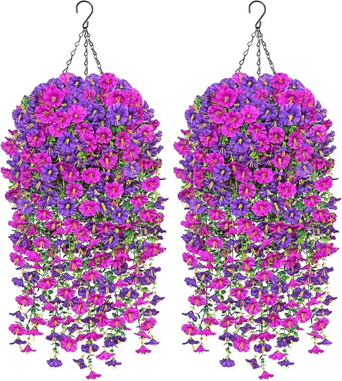 TOCHGREEN 2 Set Artificial Faux Outdoor Flowers with Hanging Basket,2 Hanging Planters Fake Silk Morning Glory Vines Eucalyptus in Planter UV Resistant for Home Front Porch Balcony Garden Yard