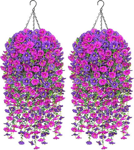 TOCHGREEN 2 Set Artificial Faux Outdoor Flowers with Hanging Basket,2 Hanging Planters Fake Silk Morning Glory Vines Eucalyptus in Planter UV Resistant for Home Front Porch Balcony Garden Yard