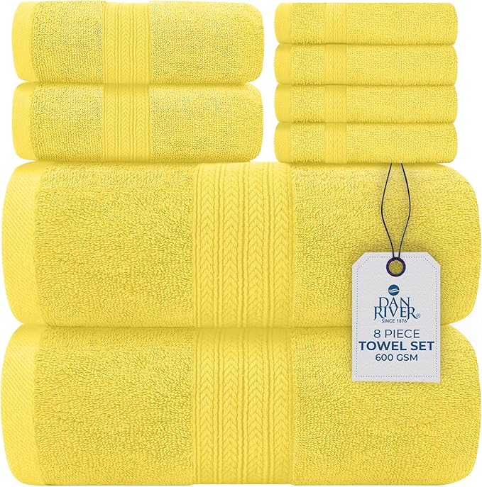DAN River 8 PC Luxury Bath Towels for Bathroom, 2 Bath, 2 Hand, and 4 Wash Cloths, 600 GSM 100% Ring Spun Cotton Towel Set, Highly Absorbent, Gym, Hotel, and Spa, Yellow