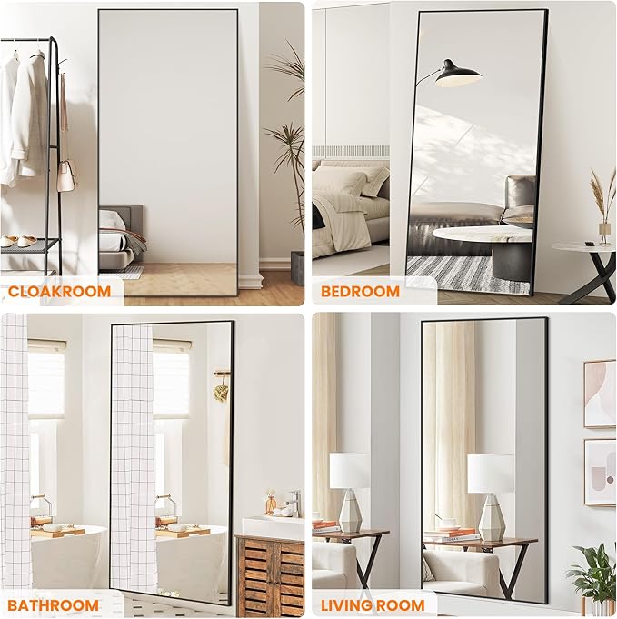 Full Length Mirror, 75"x35" Standing Floor Full Body Mirror for Wall with Aluminum Alloy Frame for Bedroom, Living Room, Dressing Room(Black)