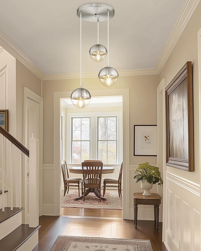 LMS Modern Brushed Nickel 3-Light Cluster Pendant Lights, Mid Century Pendant Lighting with Clear Globe Glass Shade, Adjustable Hanging Cord Ceiling Light for Bathroom Dining Room, LMS-186BNC3