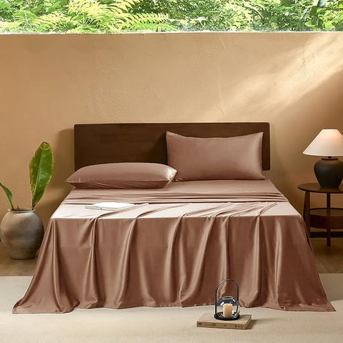 EVERLY Queen Sheets Set,Luxuriously 400 Thread Count Organic Viscose Derived from Bamboo Bed Sheet,Cooling Sheets for Queen Size 4 Piece Deep Pockets Bedding Sheets &Pillowcases-Brick Red