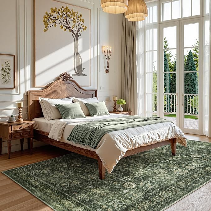 Morebes Vintage Large Rugs for Living Room, Washable 8x10 Area Rugs Non Slip,Soft Dark Green Rug for Bedroom,Distressed Non-Shedding Throw Rug for Entryway Kitchen Foyer Playroom
