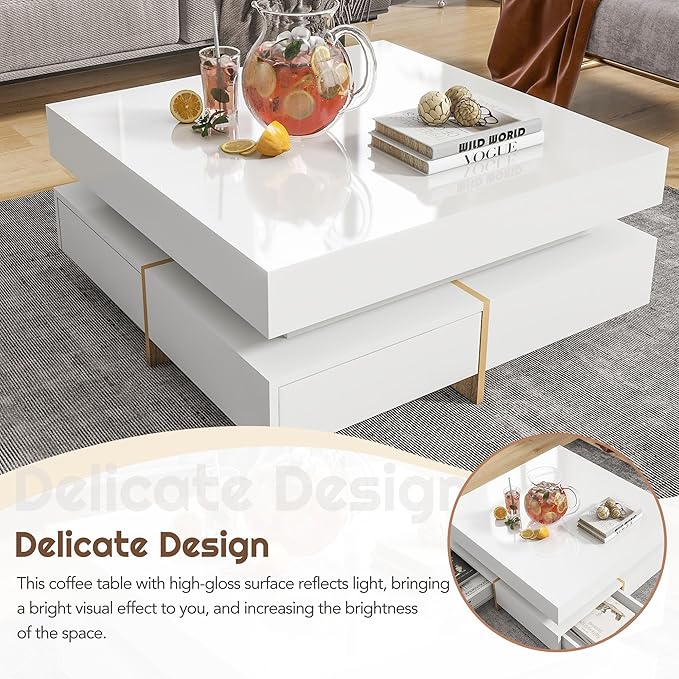 Modern Coffee Table with Storage, Contemporary Square Coffee Table with Drawers, High Gloss Modern Center Table for Living Room, Reception Room, Office, White, 31" D X 31" W X 11" H