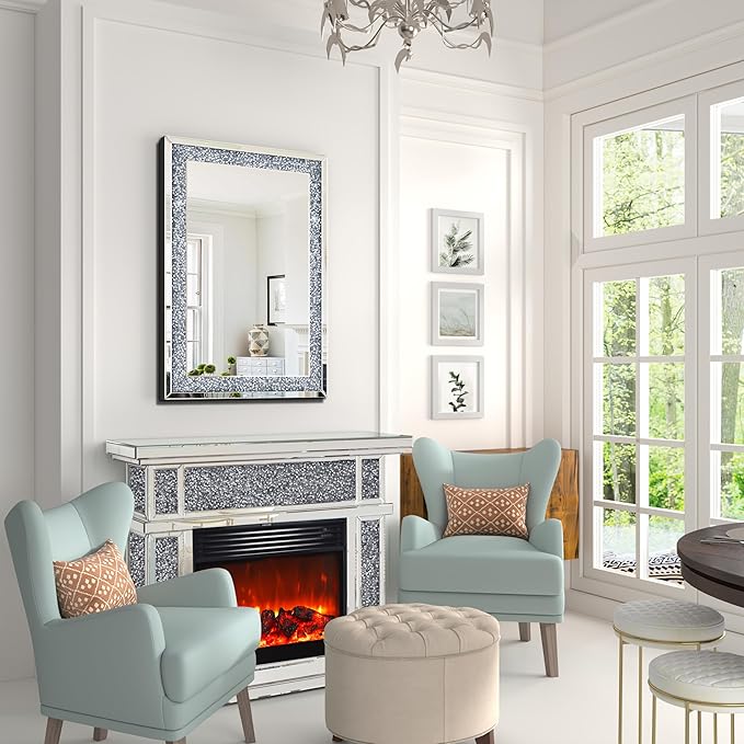 Crystal Crush Diamond Mirror-40 x28 Silver Mirror, Gorgeous Wall Mirror, Rectangle Mirrors for Wall Bathroom, Bedroom, Dining Room and Living Room