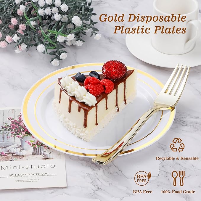 100PCS Gold Plastic Plate, Disposable Party Plates with 50 Dinner Plates and 50 Dessert Plates, Plastic Plate for Parties, Wedding and Birthday
