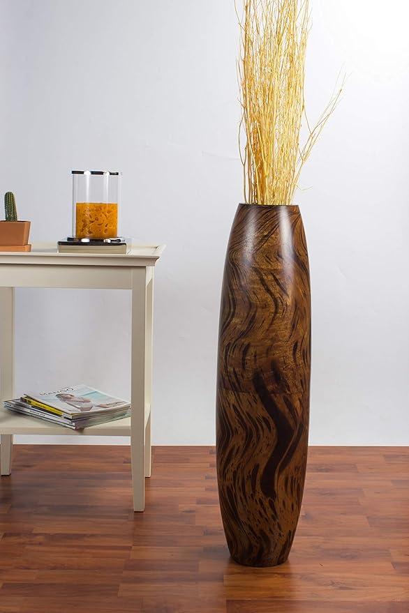 Leewadee Large Brown Light Brown Home Decor Floor Vase – Wooden 26 inches Tall Farmhouse Decor Flower Holder for Fake Plant and Pampas Grass