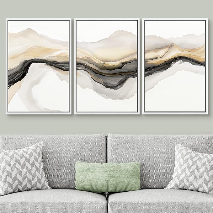 SIGNWIN Framed Canvas Print Wall Art Set Gold Gray Smoke Wave Landscape Abstract Shapes Illustrations Modern Art Decorative Contemporary Colorful for Living Room, Bedroom, Office - 24"x36"x3 White
