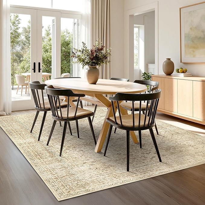 MIULEE 5x7 Vintage Living Room Rug Washable Area Rugs Low Pile Floor Mat for Bedroom Dining Room Non-Slip Stain Resistant Soft Indoor Carpet for Home Decor, Neutral Beige