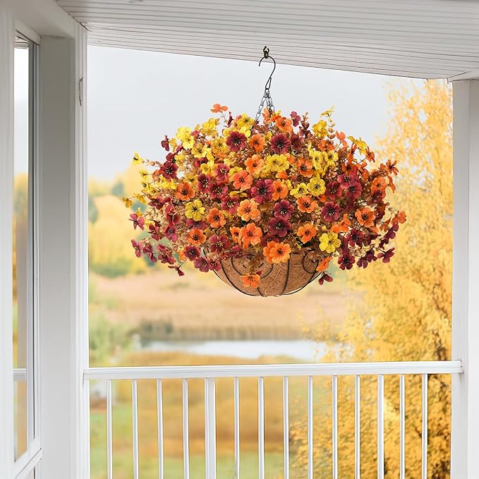 Artificial Fake Hanging Baskets Fall Flowers for Outdoors Decoration, Faux Silk Mums Plants UV Resistant Look Real Outside Yard Patio Front Porch Garden Balcony Home Autumn Decor (Orange Yellow Brown)