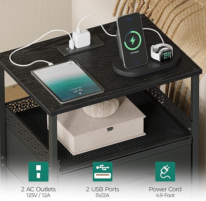 Night Stand Set 2 with Charging Station, 3 Drawer Nightstands with LED Lights, End Table with Outlets and USB Ports, Side Table with Open Shelf, Bedside Tables for Bedroom, Black